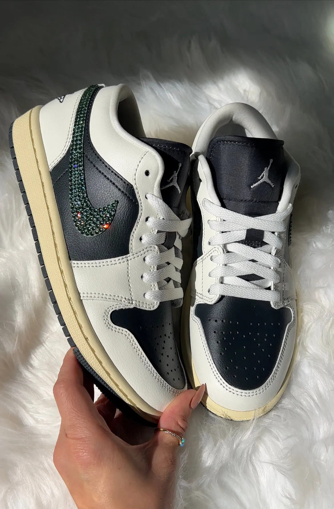 Cream Gray Swarovski Women’s Air Jordan 1 Low Shoes