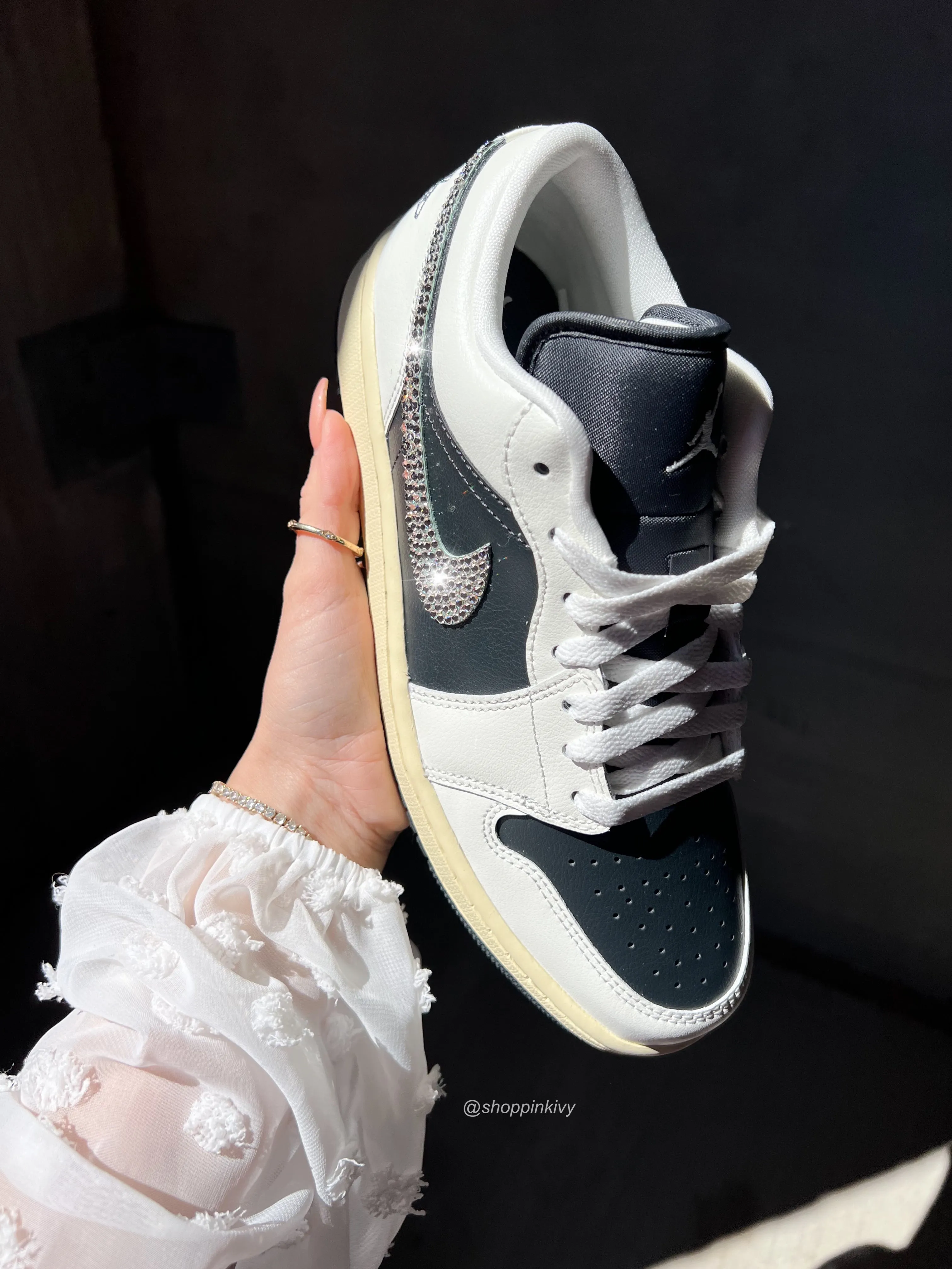 Cream Gray Swarovski Women’s Air Jordan 1 Low Shoes