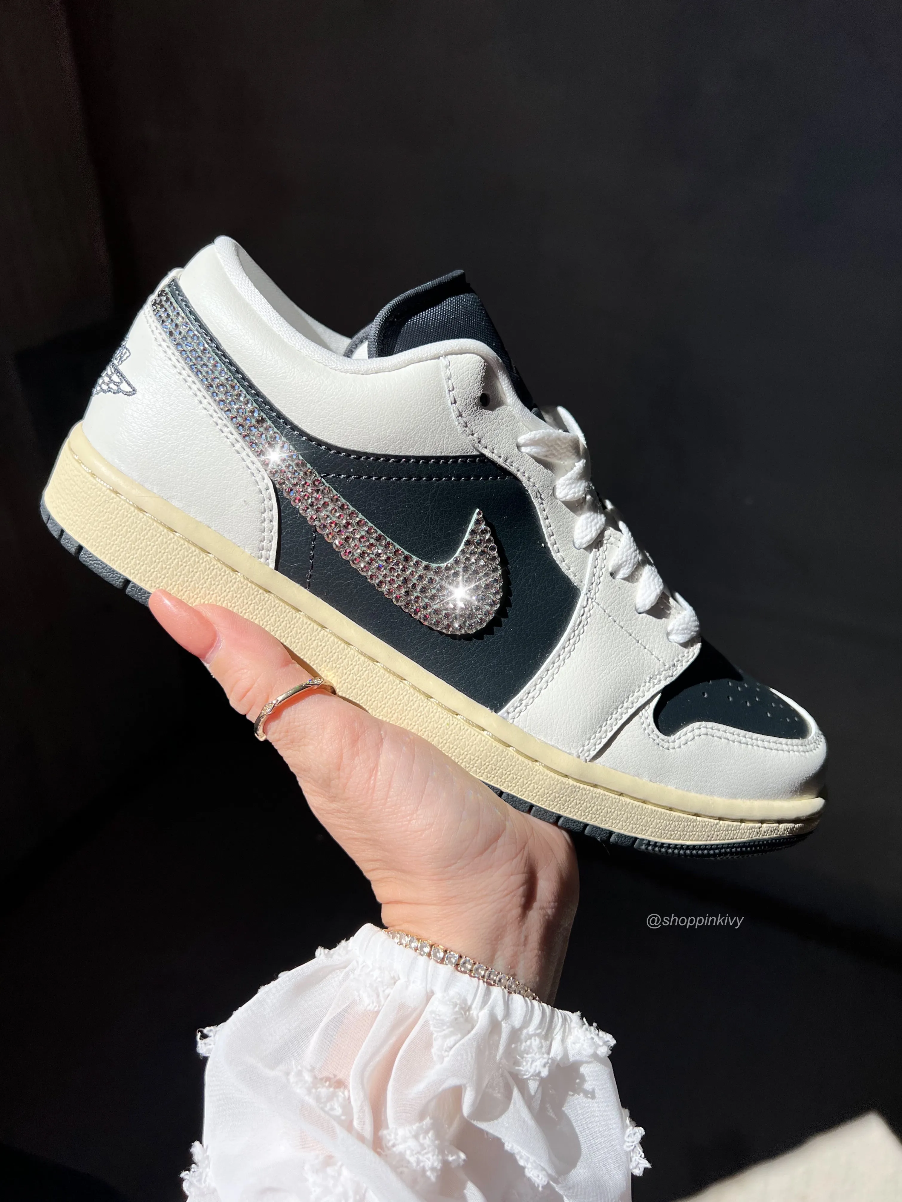 Cream Gray Swarovski Women’s Air Jordan 1 Low Shoes