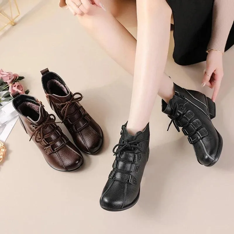 Lace-Up Heeled Women's Casual Shoes - Brown Genuine Leather Ankle Boots- GCSFR2343